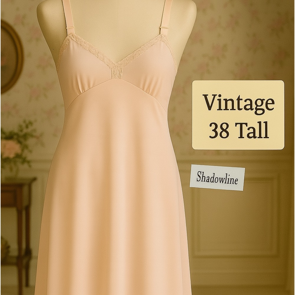 Vintage Shadowline Full Slip Pale Pink Lace Trim Size 38 Tall